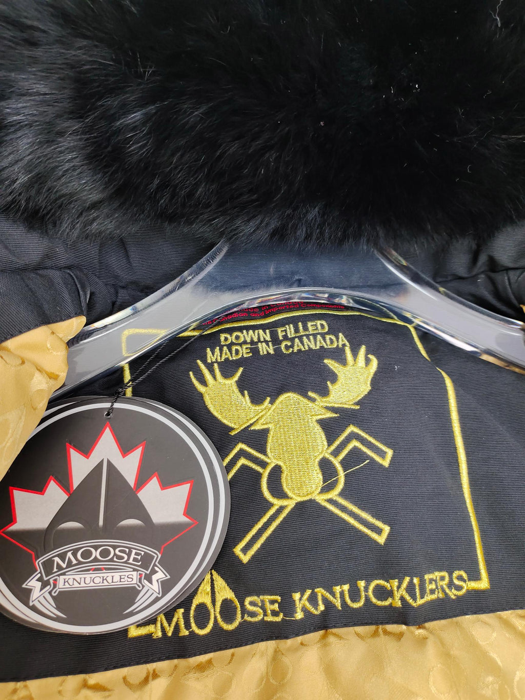 Moose Knuckles Long Parka with Black Fur Hood & Pom-Poms — Women's
