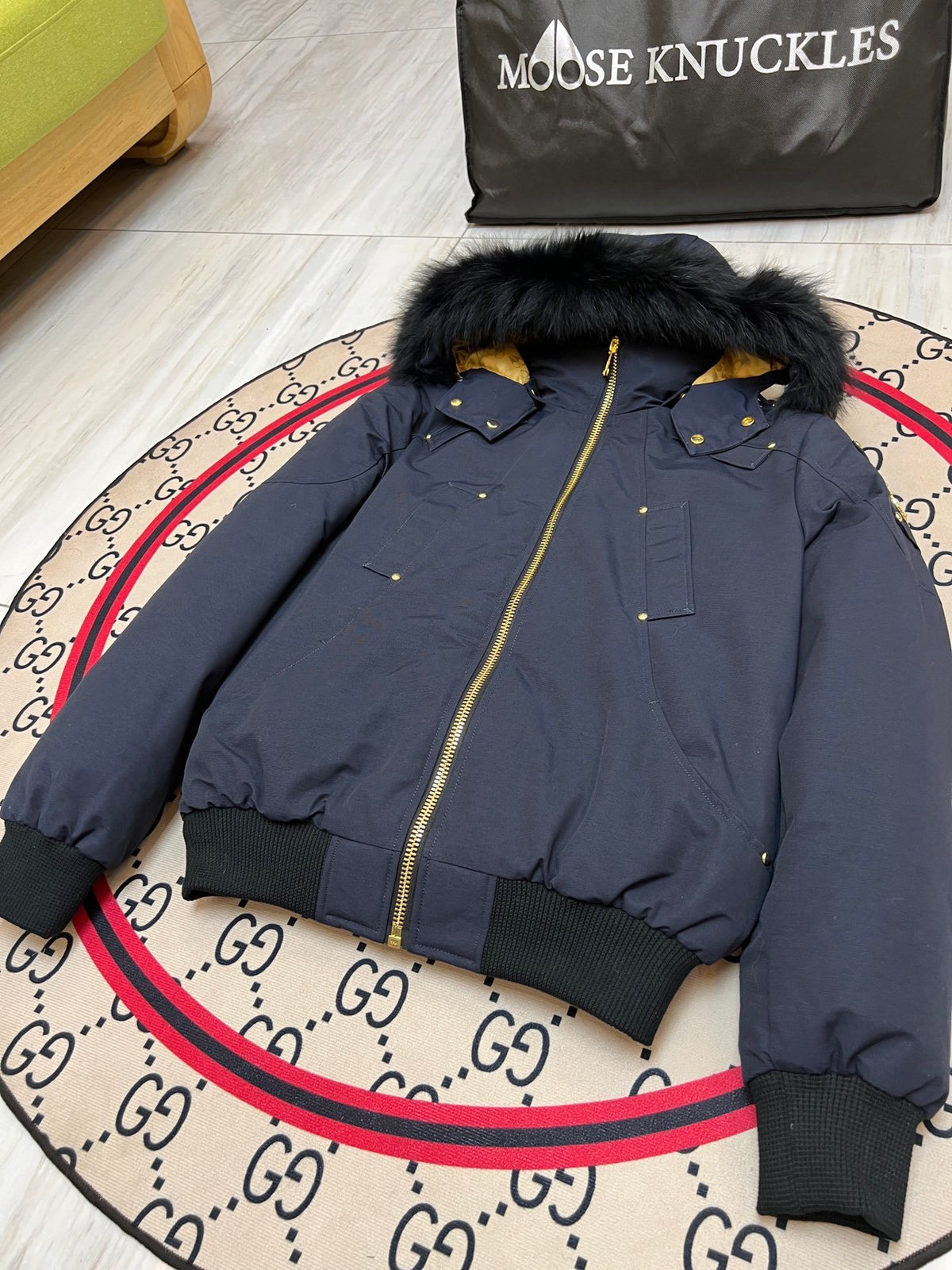 Moose Knuckles Down Bomber Jacket with White Fur Hood — Men's