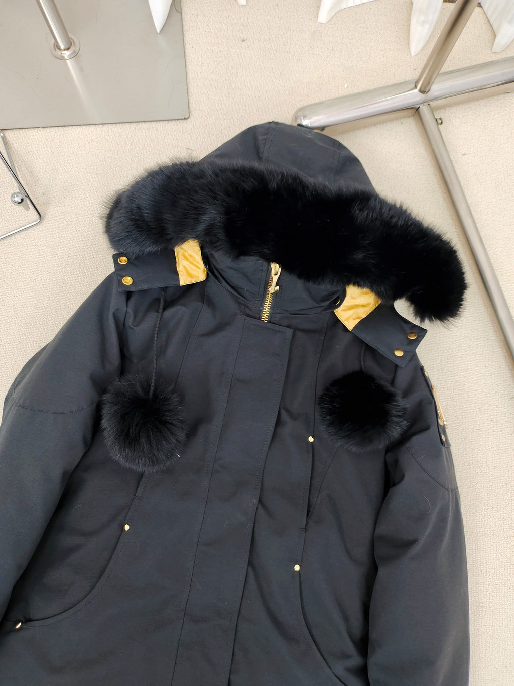 Moose Knuckles Long Parka with Black Fur Hood & Pom-Poms — Women's