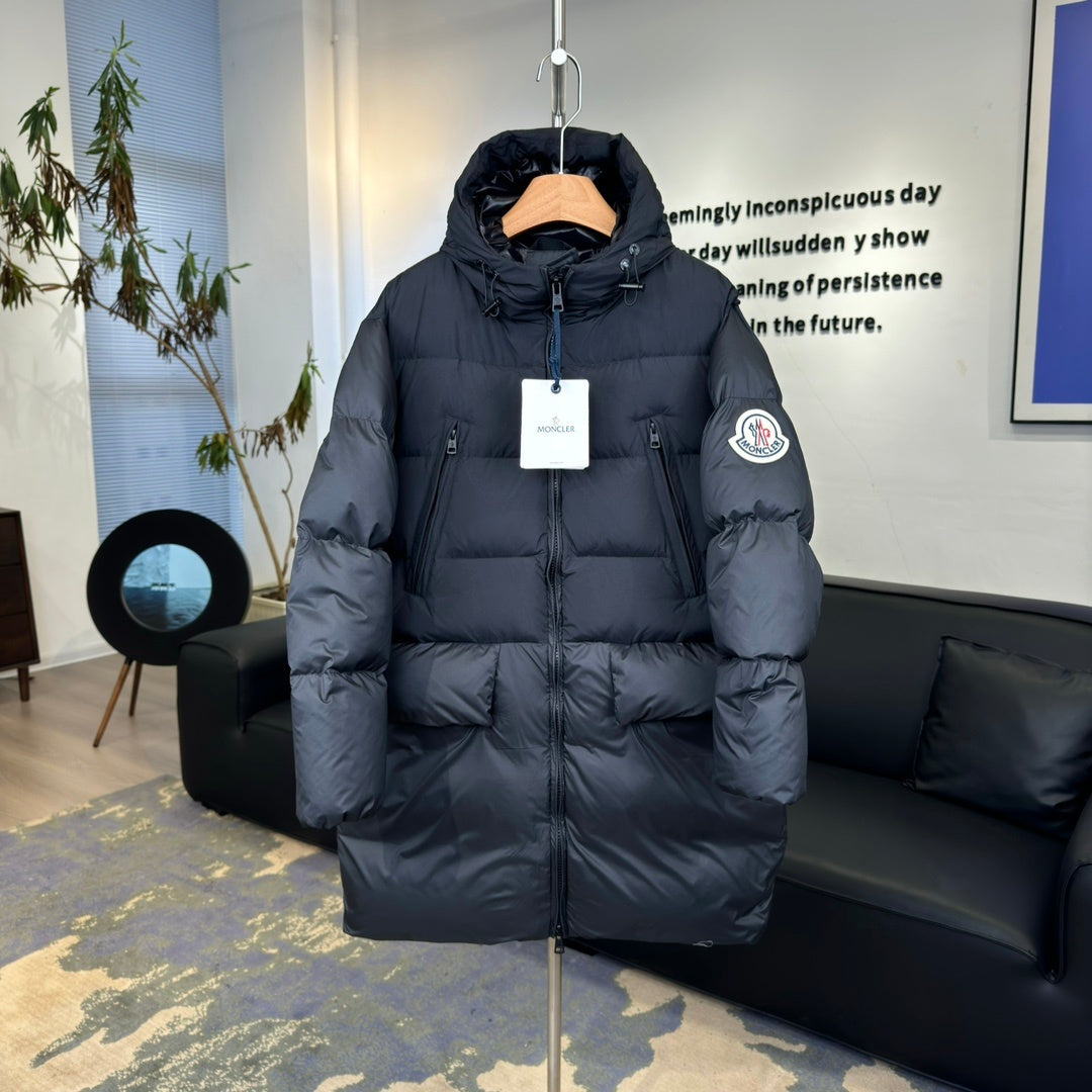 Moncler Bosona Long Down Jacket — Oversized, Large Badge, Dual Chest Pockets (Black)