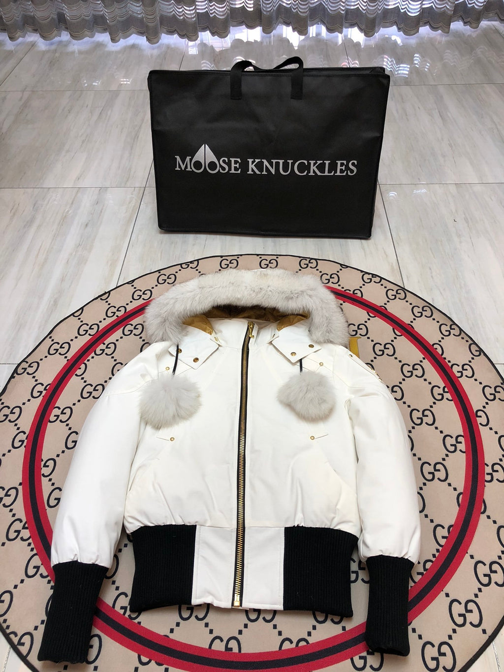 Moose Knuckles Cropped Puffer Jacket with Fur Hood & Pom-Poms — Women's