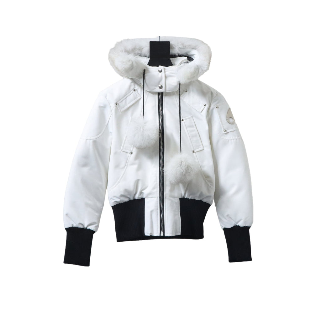 Moose Knuckles Original Debbie Bomber Jacket — White Fur Hood, Fur Pom Pocket, Black Contrast Ribbing (White)