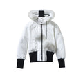 Moose Knuckles Original Debbie Bomber Jacket — White Fur Hood, Fur Pom Pocket, Black Contrast Ribbing (White)