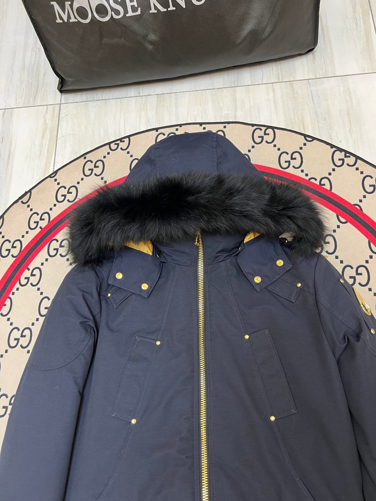 Moose Knuckles Down Bomber Jacket with White Fur Hood — Men's