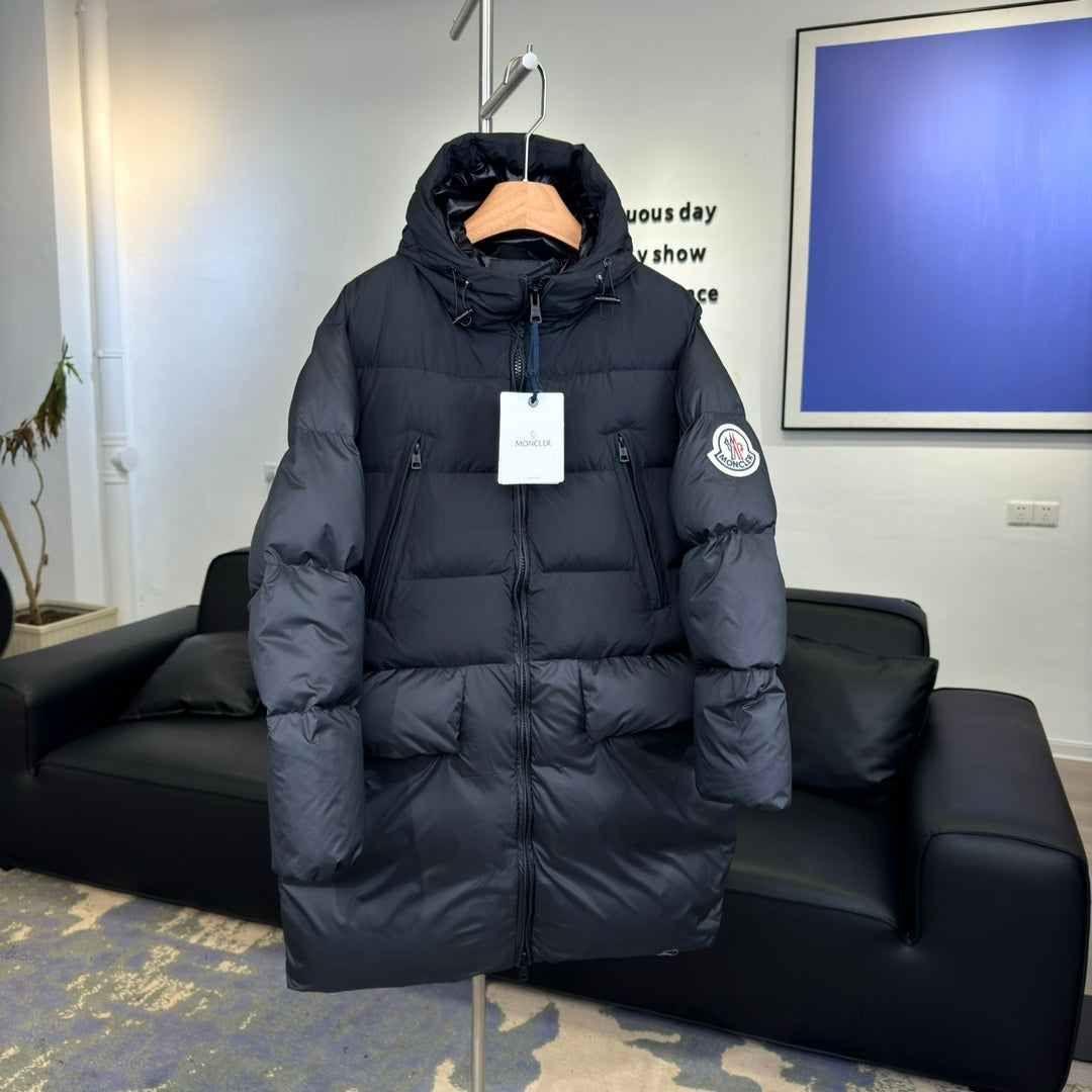 Moncler Bosona Long Down Jacket — Oversized, Large Badge, Dual Chest Pockets (Black)