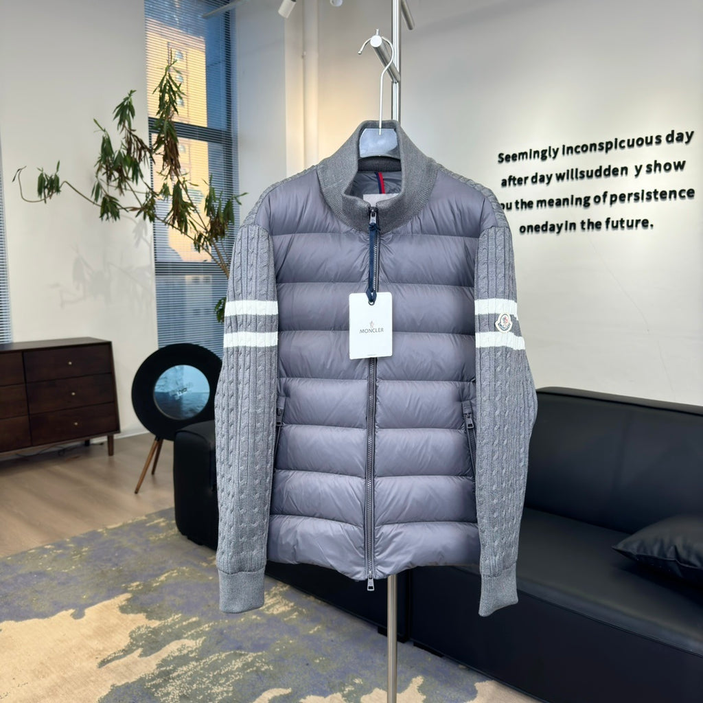 Moncler Knit-Spliced Stripe Down Jacket