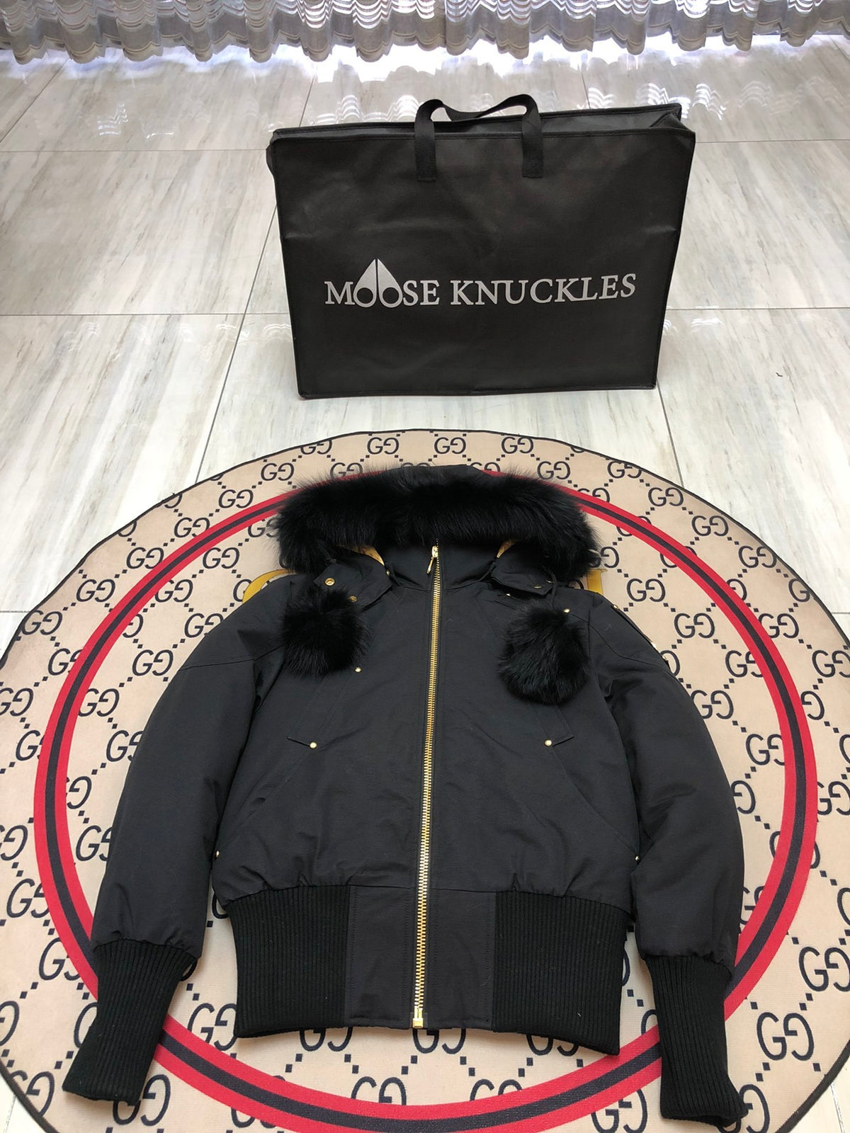 Moose Knuckles Cropped Puffer Jacket with Fur Hood & Pom-Poms — Women's