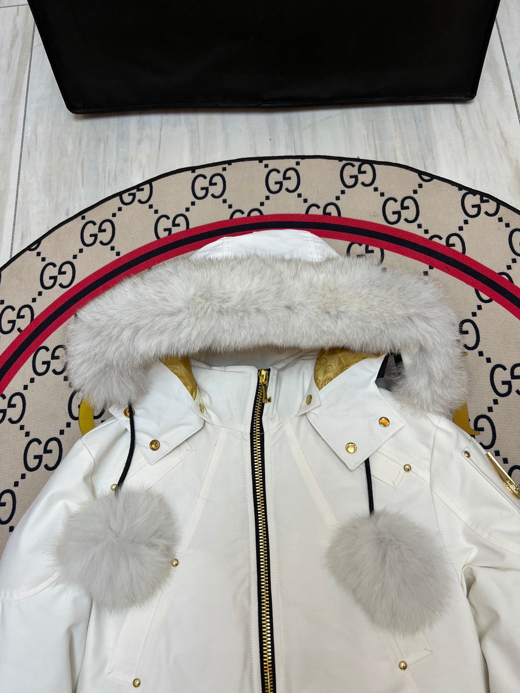 Moose Knuckles Cropped Puffer Jacket with Fur Hood & Pom-Poms — Women's