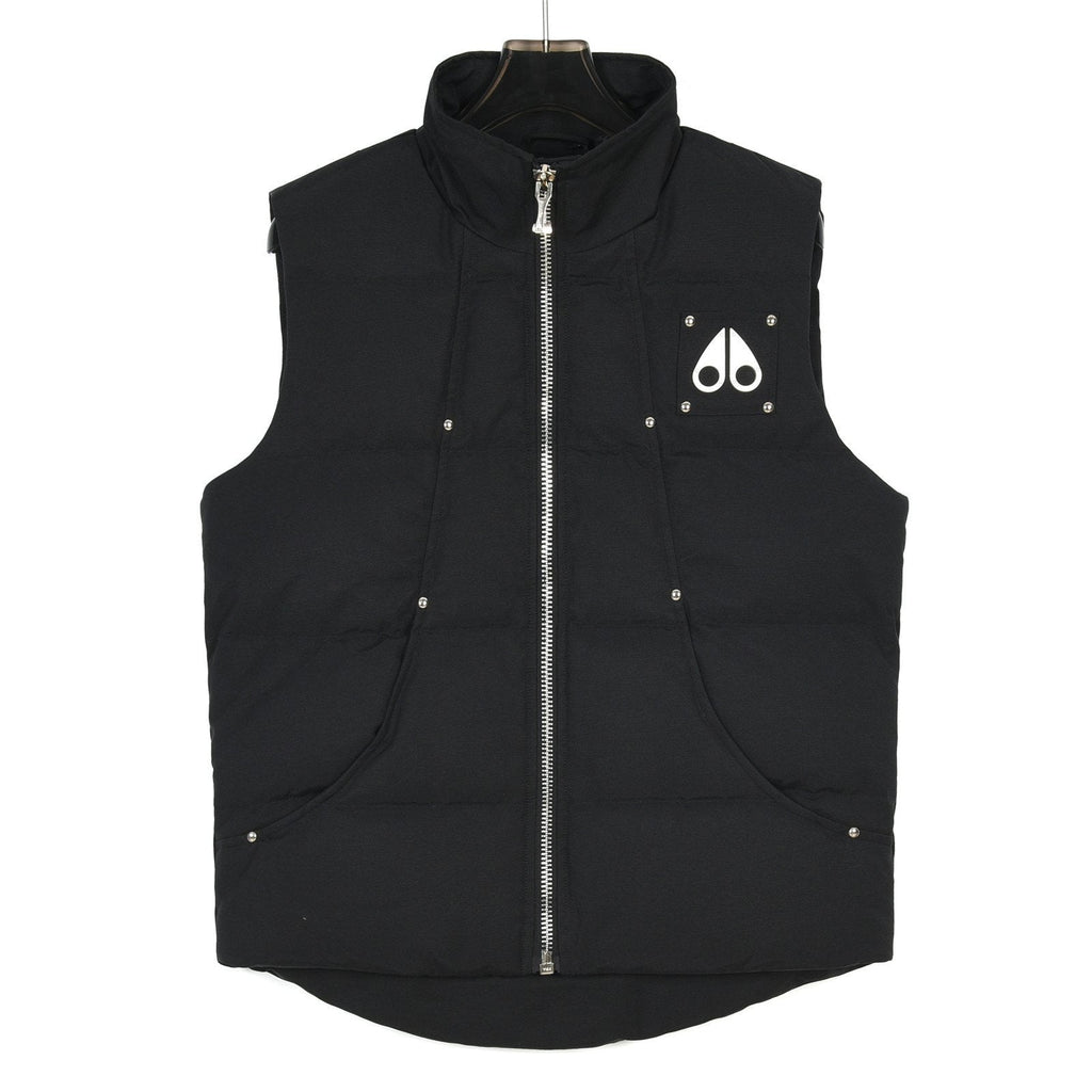 Moose Knuckles Down Vest — Metal Handcuff Badge, Silver Studs, Dual Pockets (Black / White)