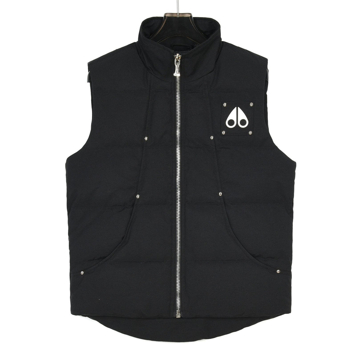 Moose Knuckles Down Vest — Metal Handcuff Badge, Silver Studs, Dual Pockets (Black / White)