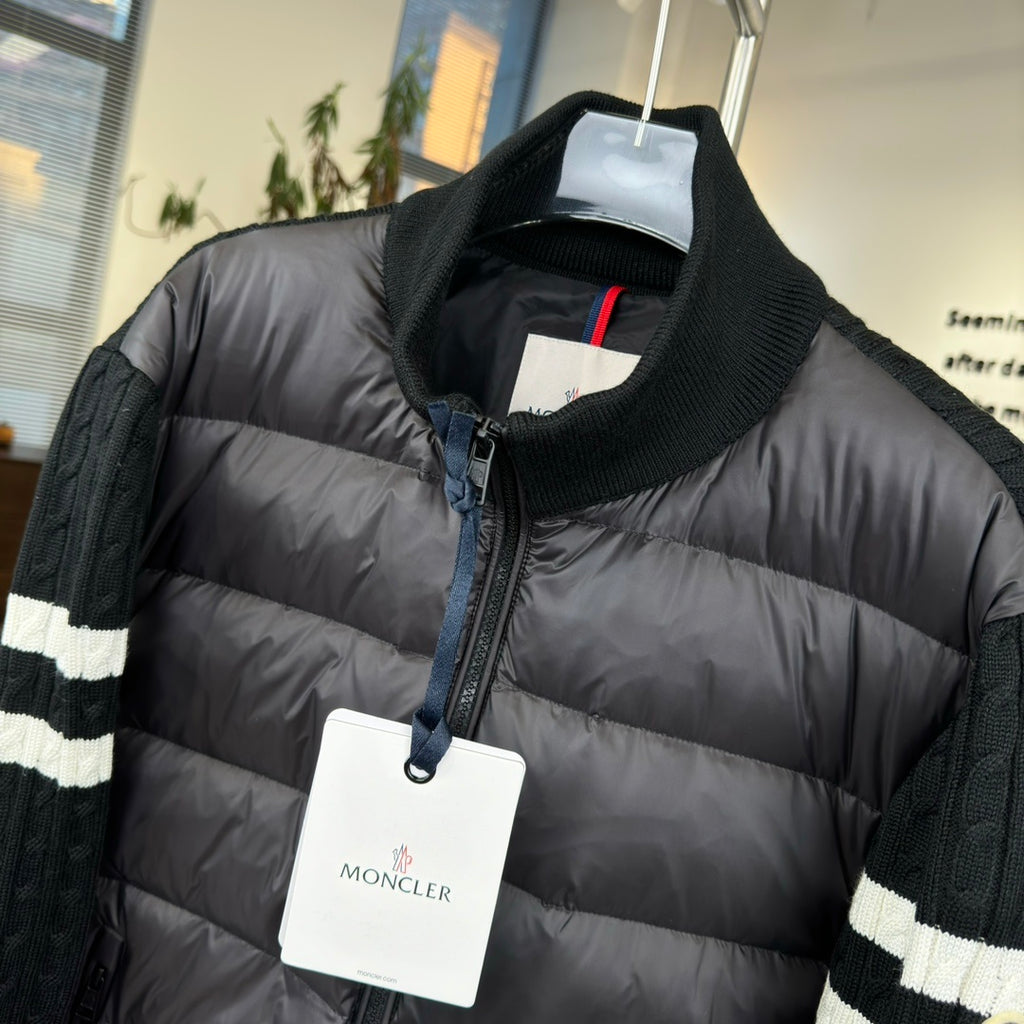 Moncler Knit-Spliced Stripe Down Jacket