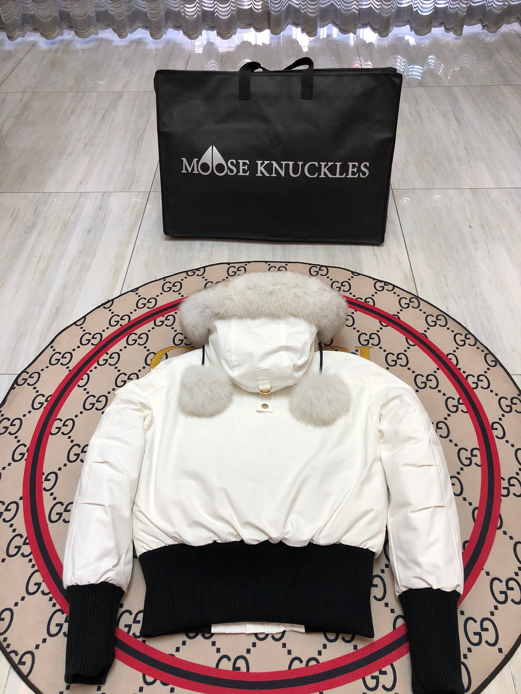 Moose Knuckles Cropped Puffer Jacket with Fur Hood & Pom-Poms — Women's