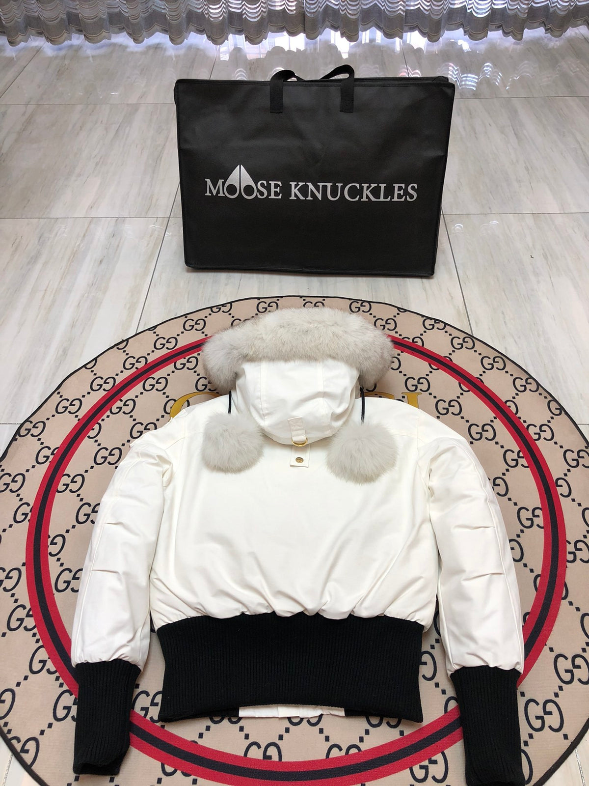Moose Knuckles Cropped Puffer Jacket with Fur Hood & Pom-Poms — Women's