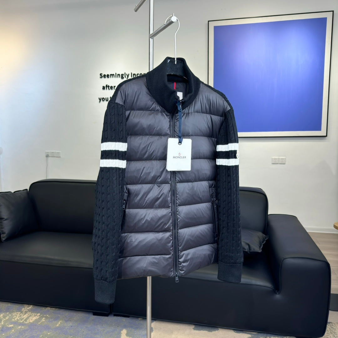 Moncler Knit-Spliced Stripe Down Jacket