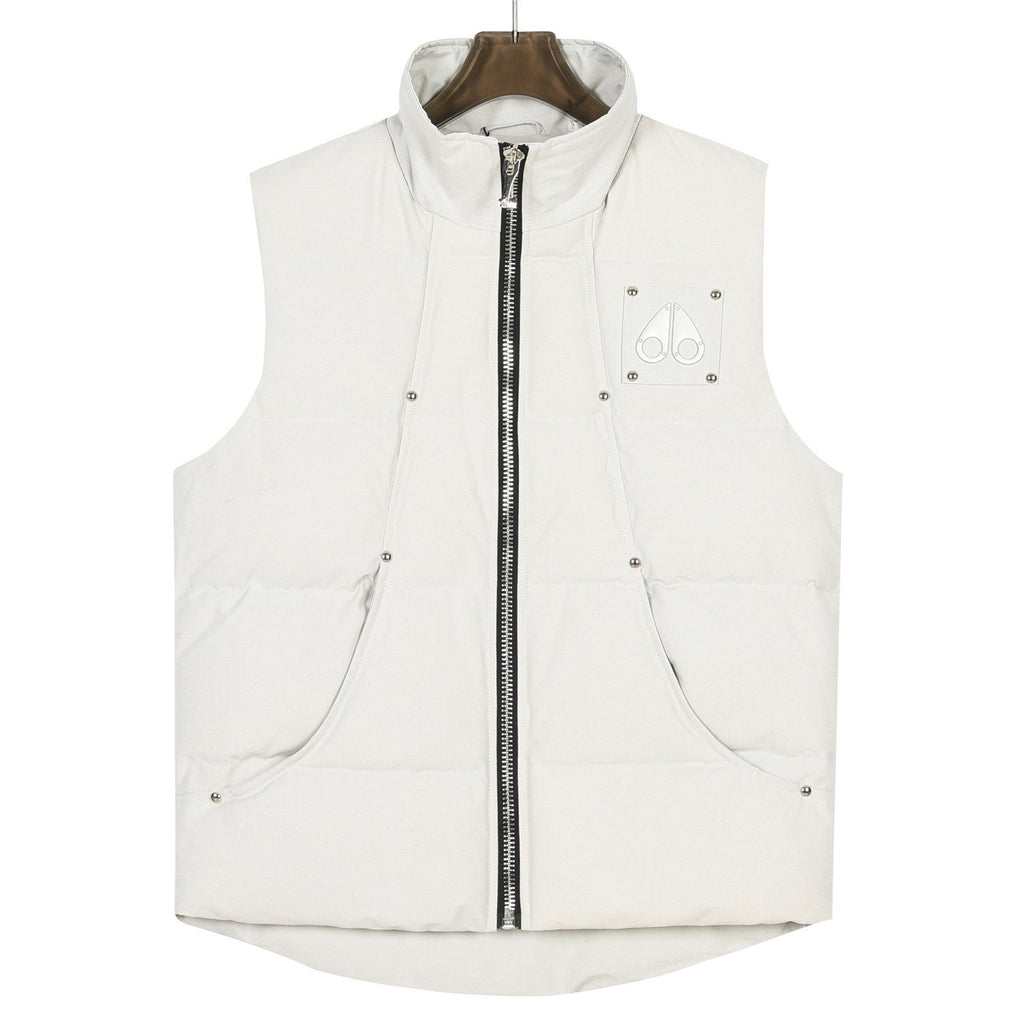 Moose Knuckles Down Vest — Metal Handcuff Badge, Silver Studs, Dual Pockets (Black / White)