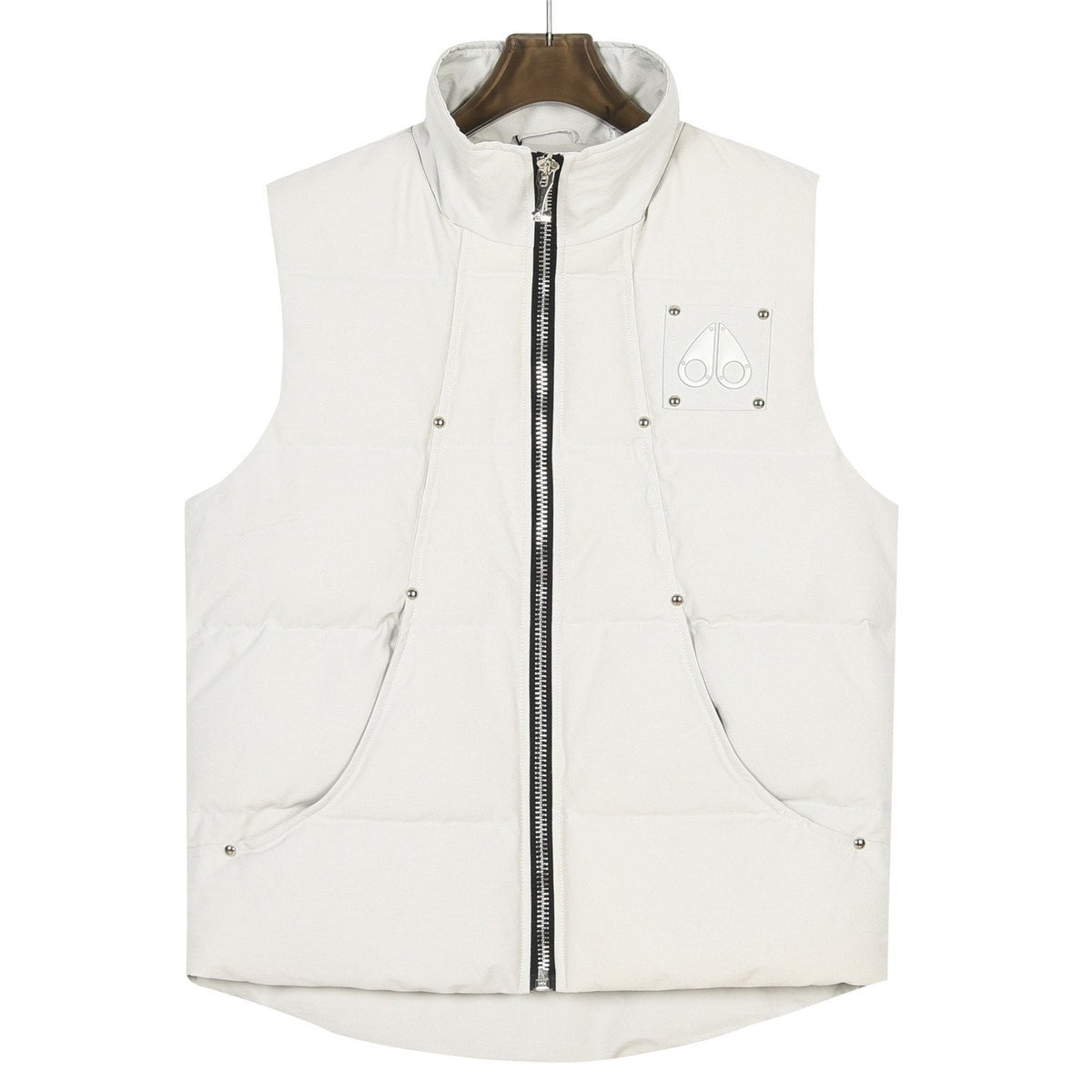 Moose Knuckles Down Vest — Metal Handcuff Badge, Silver Studs, Dual Pockets (Black / White)