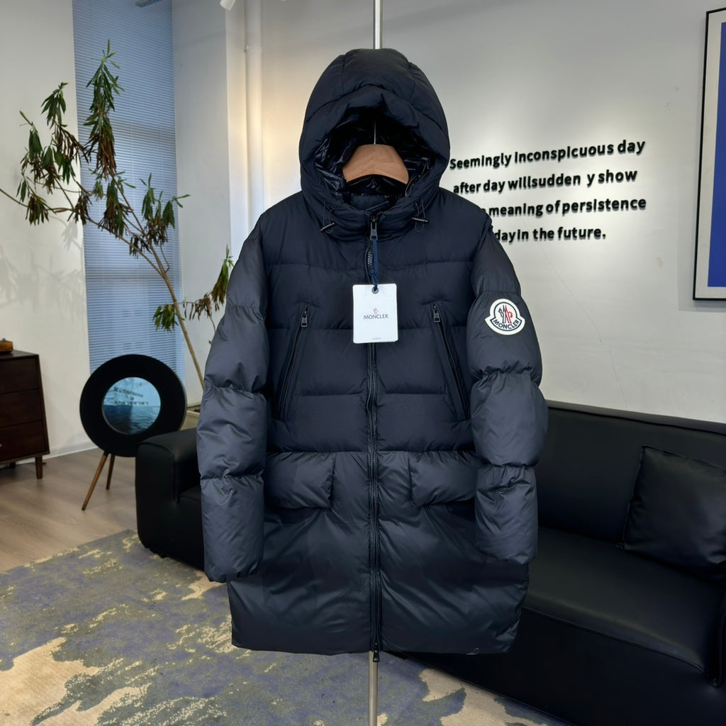 Moncler Bosona Long Down Jacket — Oversized, Large Badge, Dual Chest Pockets (Black)
