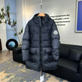 Moncler Bosona Long Down Jacket — Oversized, Large Badge, Dual Chest Pockets (Black)