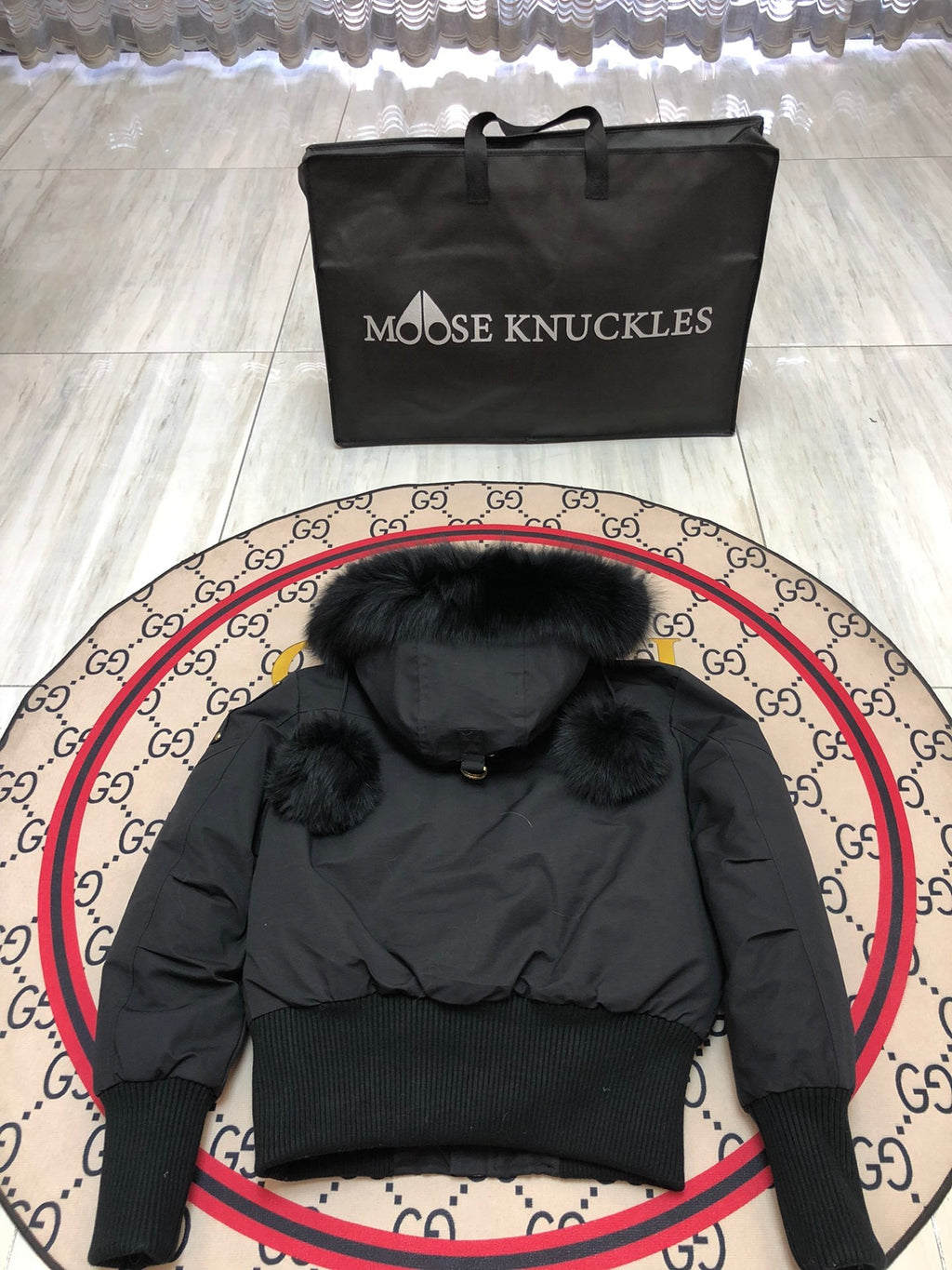 Moose Knuckles Cropped Puffer Jacket with Fur Hood & Pom-Poms — Women's
