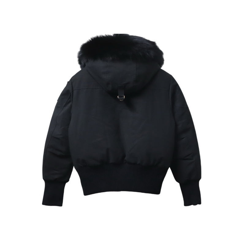 Moose Knuckles Gold Debbie Bomber 03 Down Jacket — Fur Hood, Gold Zip, Fur Pom Pockets (Black)