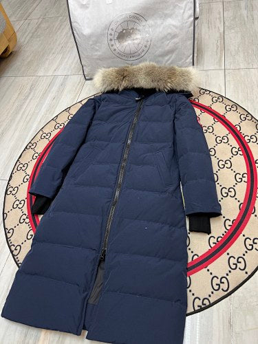Canada Goose Trillium Parka — Women's Long Fur-Hood Down Coat (Black, Navy & Cream)