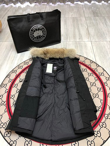 Canada Goose Trillium Parka — Women's Asymmetric Hem, Coyote Fur Hood (Black, Graphite & Red)