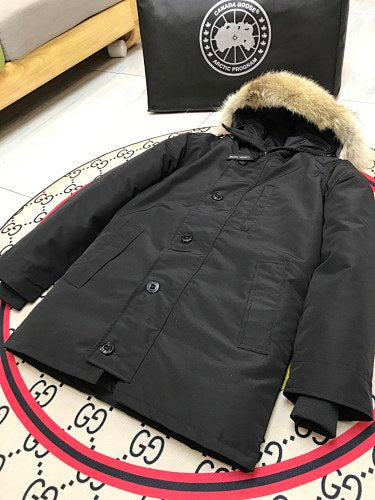 Canada Goose Emory Parka — Unisex Round-Button Front, Coyote Fur Hood (Black & Navy)