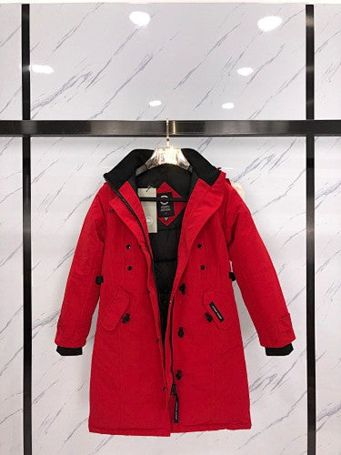 Canada Goose Rossclair Parka — Women's Double-Button Coyote Fur Hood (Black, Red & Navy)