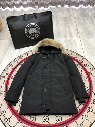 Canada Goose Emory Parka — Unisex Round-Button Front, Coyote Fur Hood (Black & Navy)