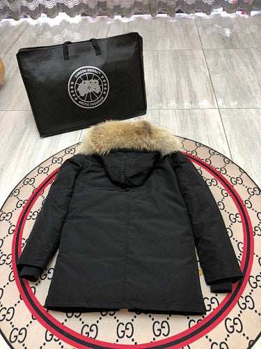 Canada Goose Emory Parka — Unisex Round-Button Front, Coyote Fur Hood (Black & Navy)
