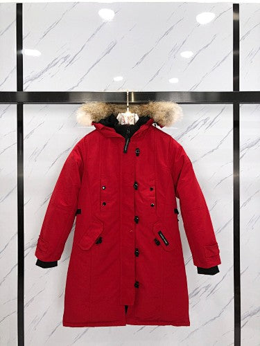 Canada Goose Rossclair Parka — Women's Double-Button Coyote Fur Hood (Black, Red & Navy)