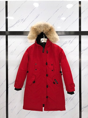 Canada Goose Rossclair Parka — Women's Double-Button Coyote Fur Hood (Black, Red & Navy)