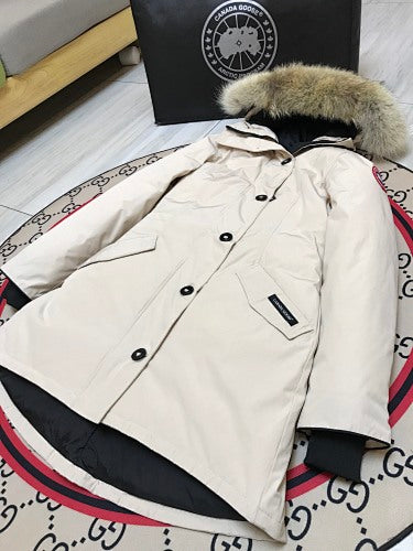 Canada Goose Trillium Parka — Women's Asymmetric Hem, Coyote Fur Hood (Black, Graphite & Red)