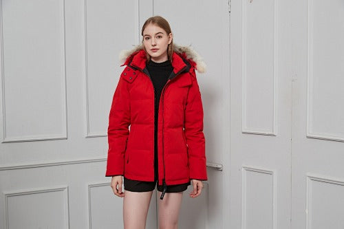Canada Goose Chelsea Parka — Women's Quilted Short, Coyote Fur Hood (Black, Red & White)