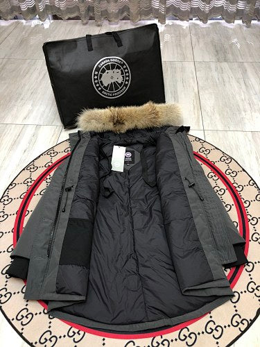 Canada Goose Trillium Parka — Women's Asymmetric Hem, Coyote Fur Hood (Black, Graphite & Red)