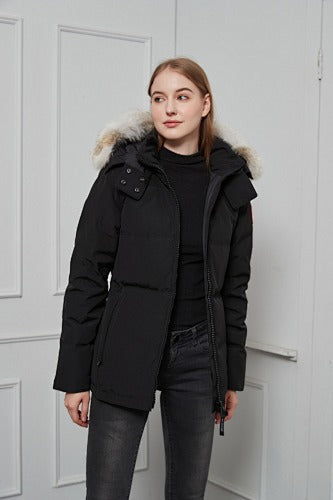 Canada Goose Chelsea Parka — Women's Quilted Short, Coyote Fur Hood (Black, Red & White)