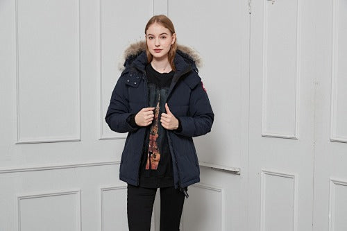 Canada Goose Chelsea Parka — Women's Quilted Short, Coyote Fur Hood (Black, Red & White)