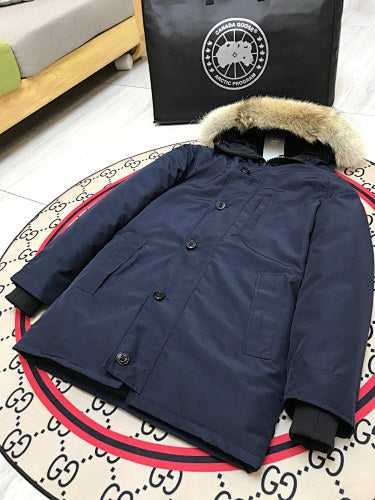 Canada Goose Emory Parka — Unisex Round-Button Front, Coyote Fur Hood (Black & Navy)