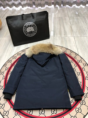 Canada Goose Emory Parka — Unisex Round-Button Front, Coyote Fur Hood (Black & Navy)