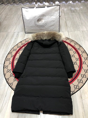 Canada Goose Trillium Parka — Women's Long Fur-Hood Down Coat (Black, Navy & Cream)