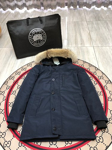 Canada Goose Emory Parka — Unisex Round-Button Front, Coyote Fur Hood (Black & Navy)