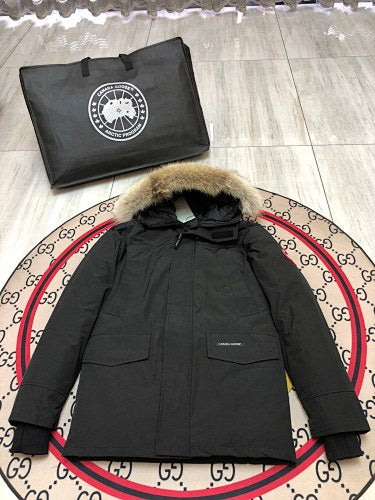 Canada Goose Expedition Parka — Coyote Fur Hood, Unisex Mid-Length (Black, Graphite & Red)